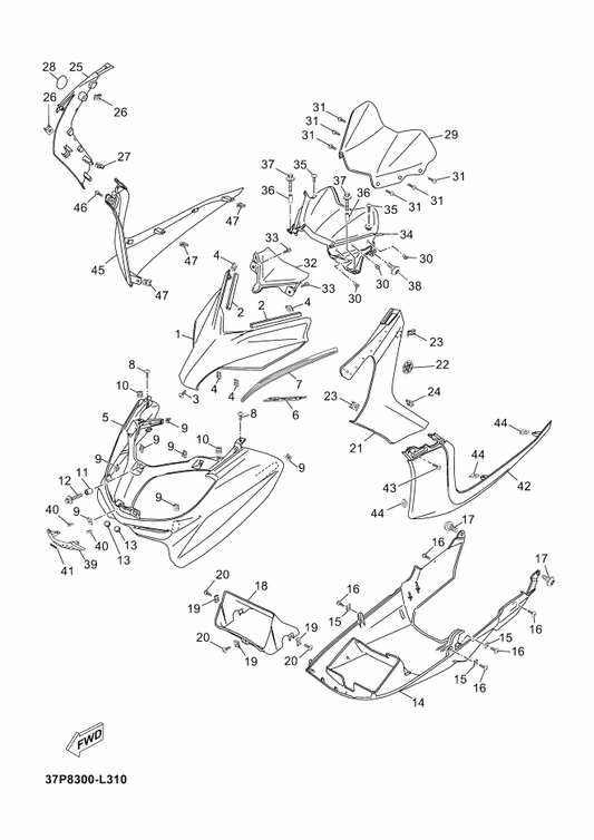 Yamaha 37P-F835L-00 Cover, Cooler — shown on the Windshield parts diagram