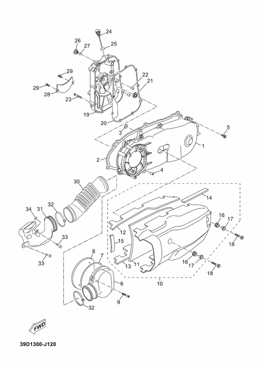 Yamaha 39D-F838N-00 Duct 1 — shown on the Crankcase Cover 1 parts diagram
