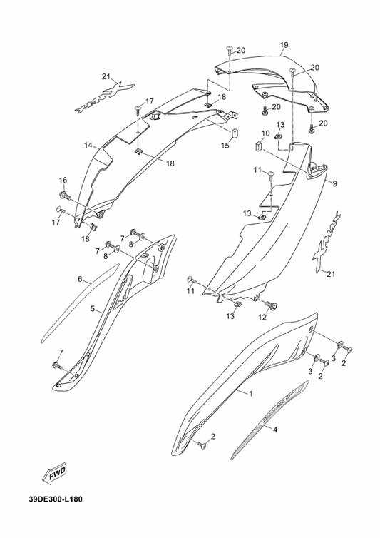 Yamaha 2AB-F1781-00 Emblem 1 — shown on the Side Cover parts diagram
