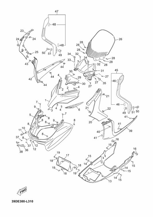 Yamaha 37P-F834W-10 Protector 2 — shown on the Windshield parts diagram