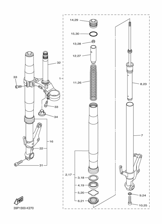 Yamaha 39P-23170-10 . Cylinder Comp., Front Fork — shown on the Front Fork parts diagram
