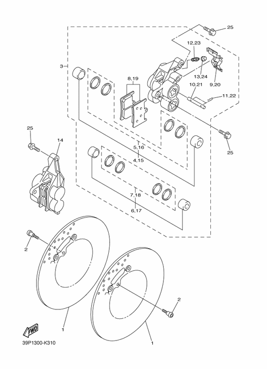 Yamaha 39P-2580U-00 Caliper Assy (Right) — shown on the Front Brake Caliper parts diagram