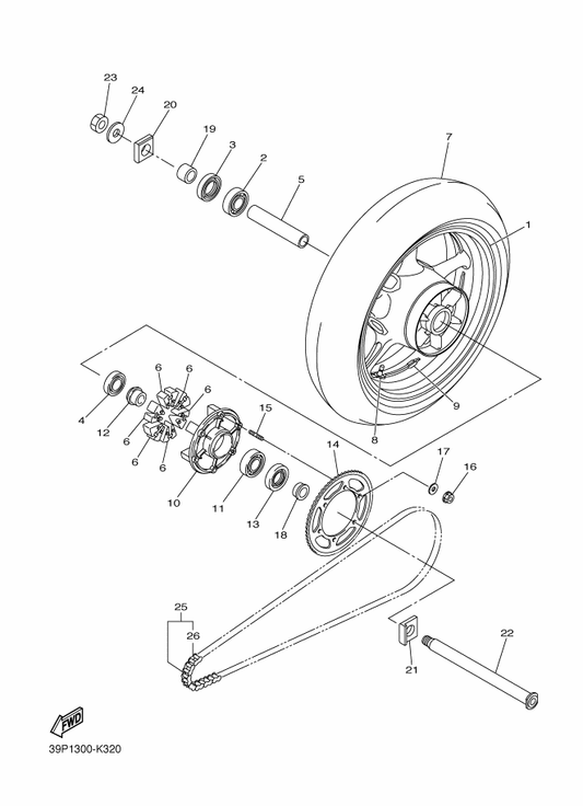 Yamaha 39P-25338-00-8L Cast Wheel, Rear — shown on the Rear Wheel parts diagram