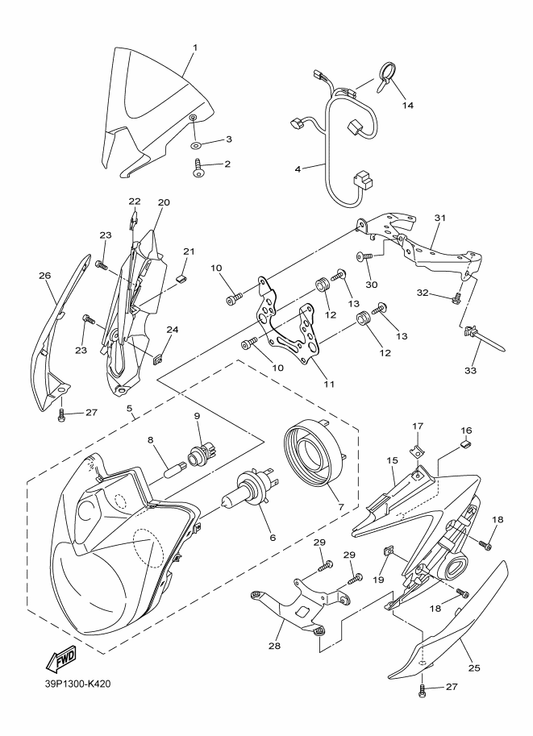 Yamaha 39P-23132-00-P1 Cover, Outer 2 — shown on the Headlight parts diagram