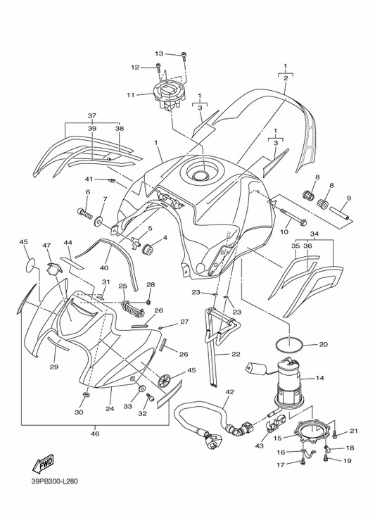 Yamaha 39P-2171A-10-0X Cover, Top — shown on the Fuel Tank parts diagram