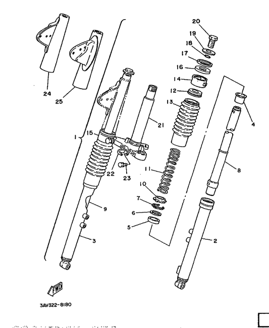 Yamaha 3W3-23191-00 . Boot — shown on the Front Fork parts diagram