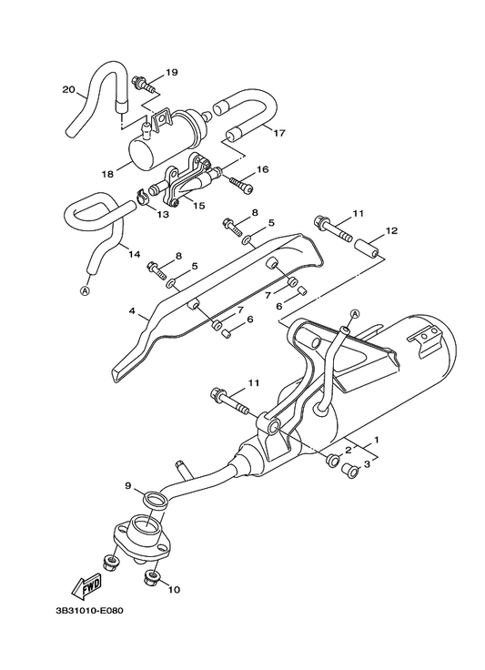 Yamaha 3B3-E4884-00 Hose, Bend 4 — shown on the Exhaust parts diagram