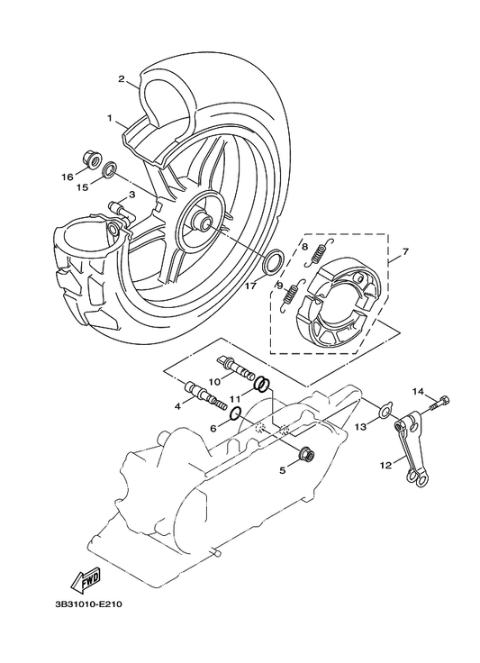 Yamaha 3B3-F5338-01-33 Cast Wheel, Rear — shown on the Rear Wheel parts diagram