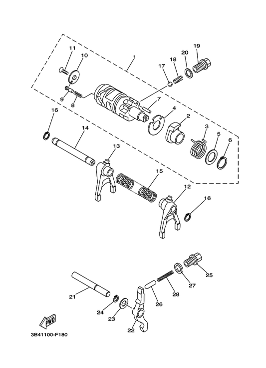 Yamaha 3B4-18511-00 Fork, Shift 1 — shown on the Shift Cam & Fork parts diagram