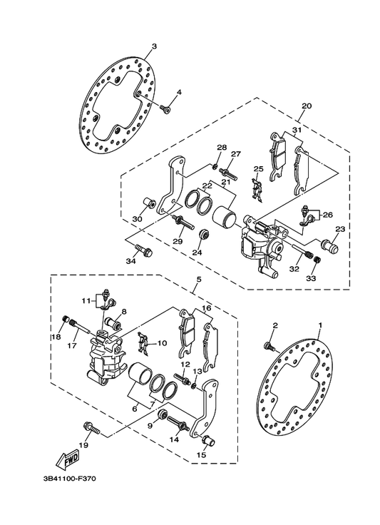 Yamaha 3B4-2580V-11 Caliper Assy, Rear 1 — shown on the Rear Brake Caliper parts diagram