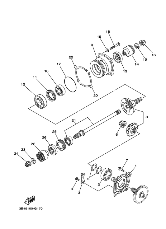 Yamaha 3B4-1755A-00 Middle Driven Shaft Assy — shown on the Middle Drive Gear parts diagram