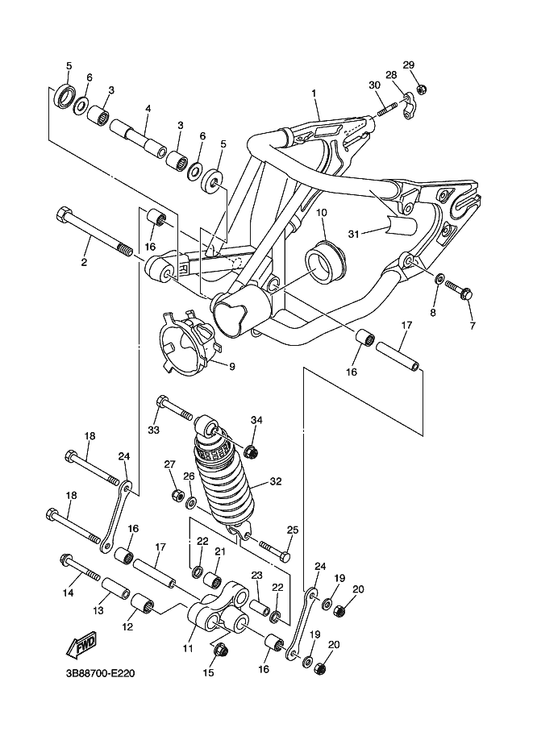 Yamaha 4X7-22124-00 Bush 2 — shown on the Rear Arm & Suspension parts diagram