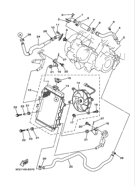 Yamaha 3C2-F142N-00 Bracket, Radiator — shown on the Radiator & Hose parts diagram