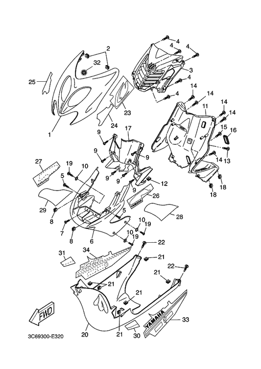 Yamaha 5BR-F837N-70 Grill, Air Intake 1 — shown on the Leg Shield parts diagram