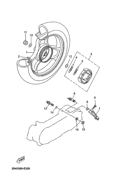 Yamaha 5RW-F5338-10 Cast Wheel, Rear — shown on the Rear Wheel parts diagram