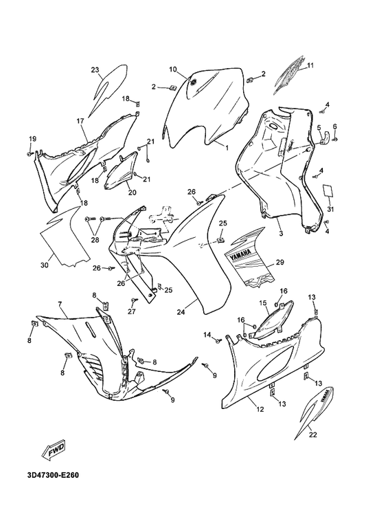 Yamaha 5RW-F171M-00-PD Mole, Side Cover 2 — shown on the Leg Shield parts diagram