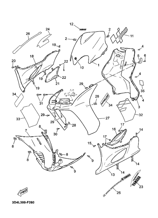 Yamaha 3D4-F8315-H0 Emblem — shown on the Leg Shield parts diagram