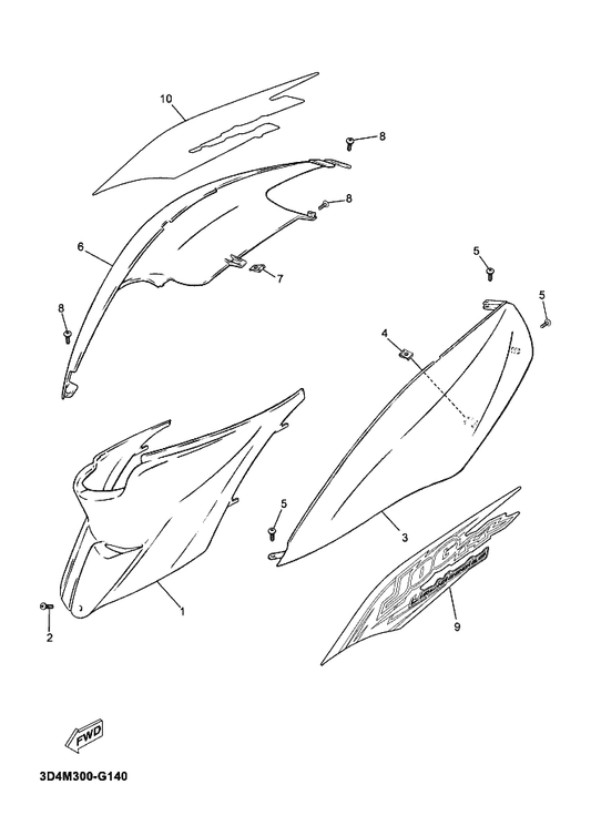 Yamaha 3D4-F1786-60 Emblem 6 — shown on the Side Cover parts diagram