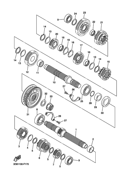 Yamaha 3D8-17411-00 Axle, Main (13T) — shown on the Transmission parts diagram