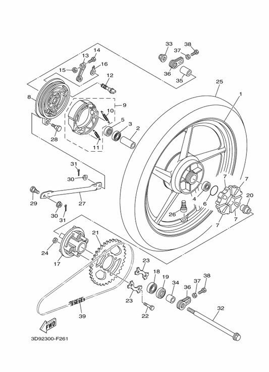 Yamaha 5VL-F5381-01 Axle, Wheel — shown on the Rear Wheel parts diagram