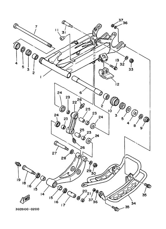 Yamaha 38W-22199-00 Support, Chain — shown on the Rear Arm parts diagram