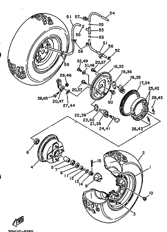Yamaha 93102-22216 . Oil Seal — shown on the Front Wheel parts diagram