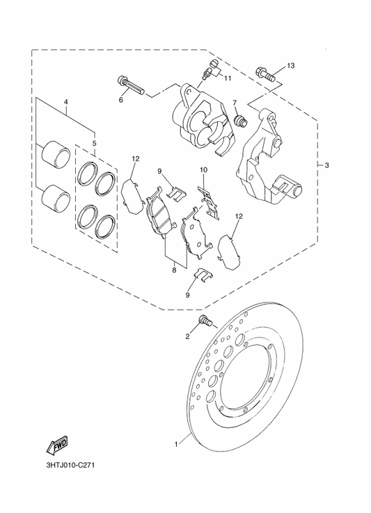 Yamaha 3HT-2580U-40 Caliper Assy (Right) — shown on the Front Brake Caliper parts diagram