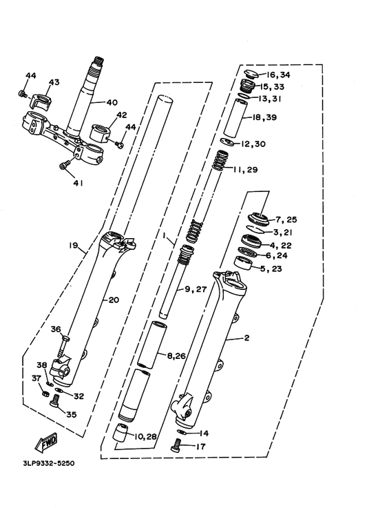 Yamaha 1W1-23173-L0 . Spindle, Taper — shown on the Front Fork parts diagram