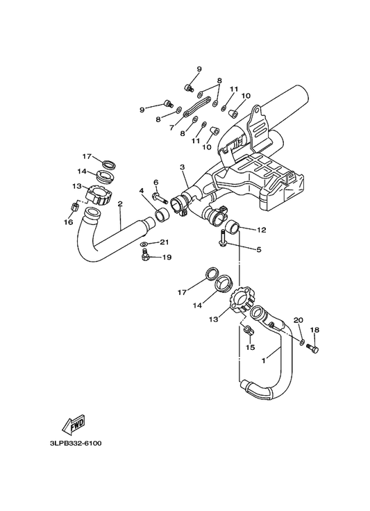 Yamaha 1TA-14621-00 Pipe, Exhaust 2 — shown on the Exhaust parts diagram