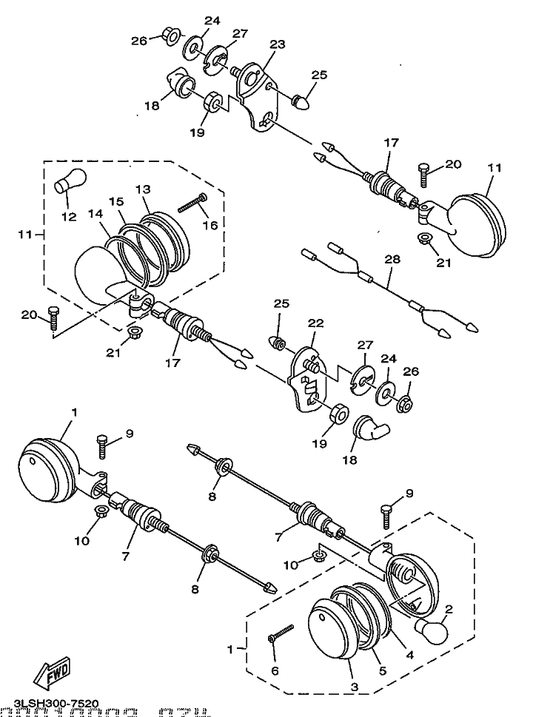Yamaha 3DM-83328-00 Stay, Flasher 2 — shown on the Alternate For Flasher Light parts diagram