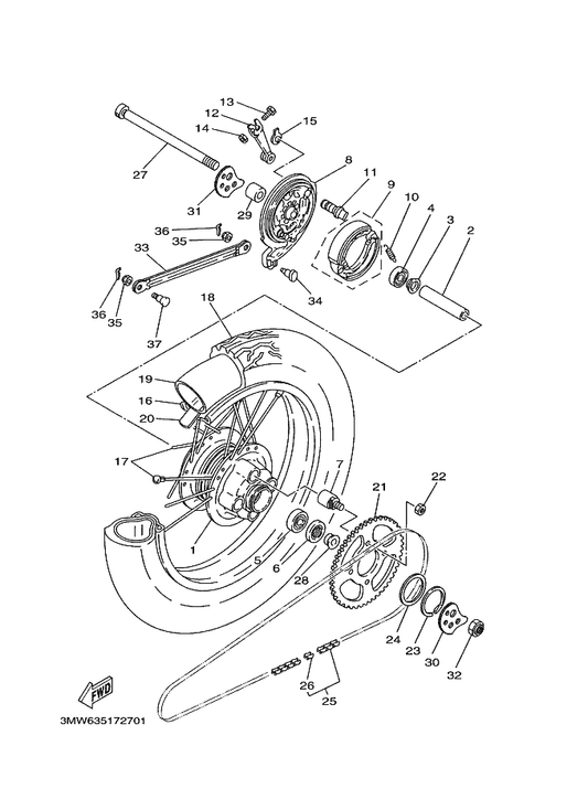 Yamaha 5H0-25449-11 Sprocket, Driven — shown on the Rear Wheel parts diagram