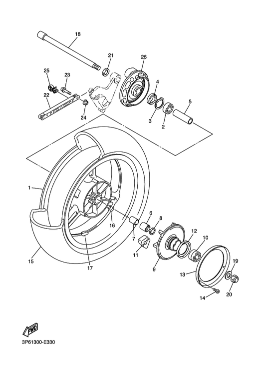 Yamaha 5VS-W2533-00-P1 Cast Wheel, Rear — shown on the Rear Wheel parts diagram