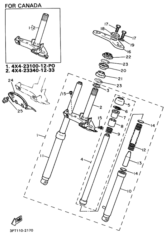 Yamaha 2E9-23143-00 . Seat, Spring Lower — shown on the Front Fork parts diagram
