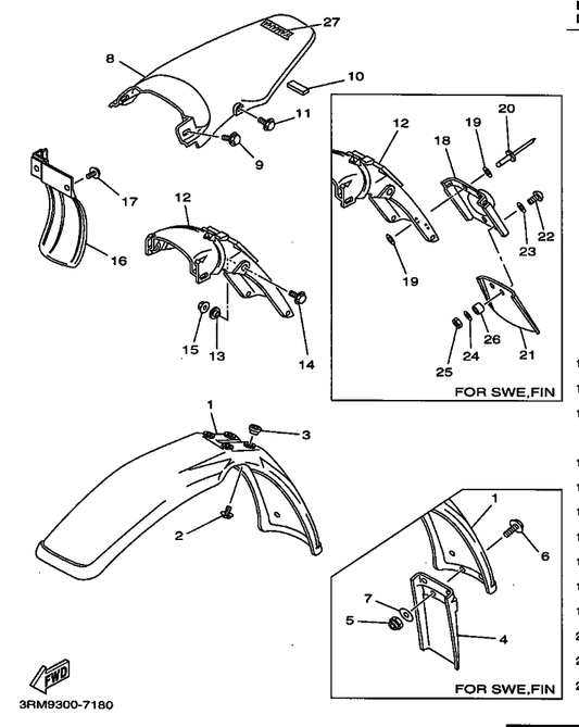 Yamaha 3XJ-21511-01 Fender, Front — shown on the Fender parts diagram