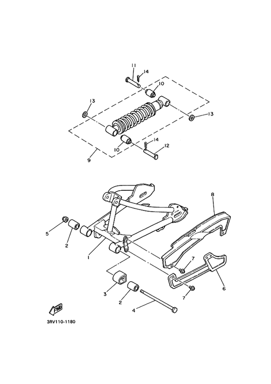 Yamaha 288-22141-00 Shaft, Pivot — shown on the Rear Arm & Suspension parts diagram