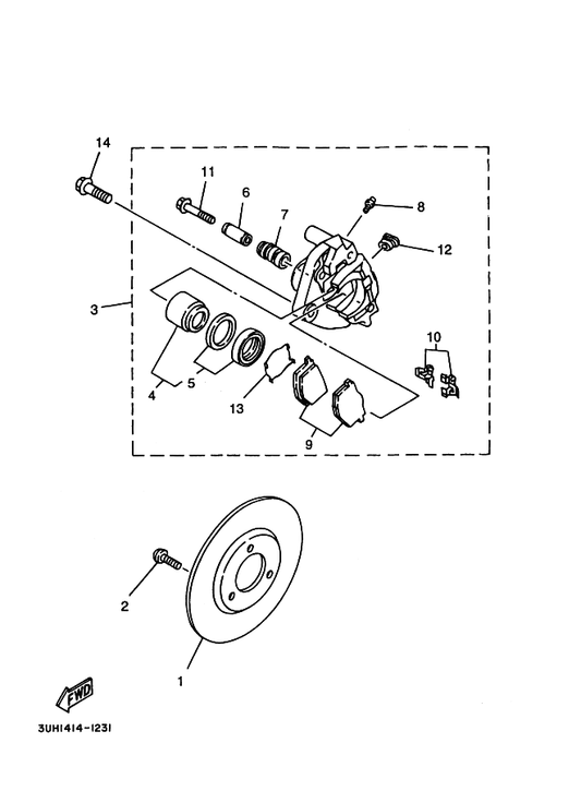 Yamaha 9502L-10030 Bolt, Flange — shown on the Front Brake Caliper parts diagram