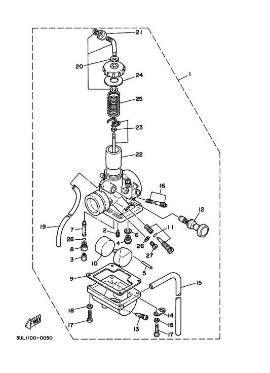 Yamaha 353-14190-15 . Needle Valve Assy — shown on the Carburetor parts diagram
