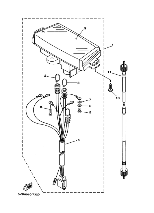 Yamaha 3VP-83550-02 スピードメータケーブルアセンブリ — shown on the メータ parts diagram