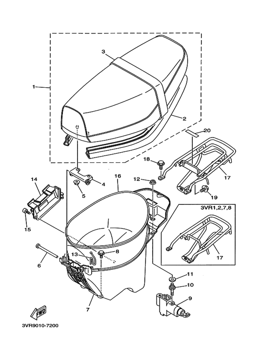 Yamaha 3HH-24705-01 シートロツクアセンブリ — shown on the シート, キヤリア 1 (3Vr1,2,7,8,9) parts diagram