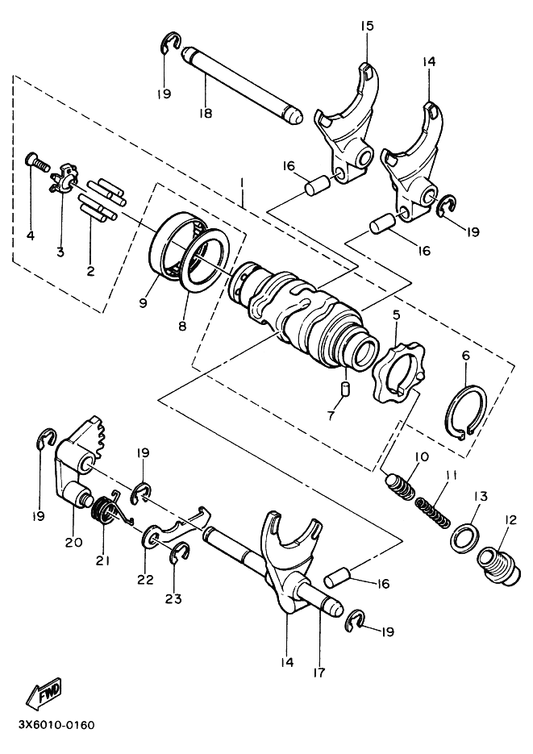 Yamaha 93315-23208 . Bearing — shown on the Shift Cam & Fork parts diagram