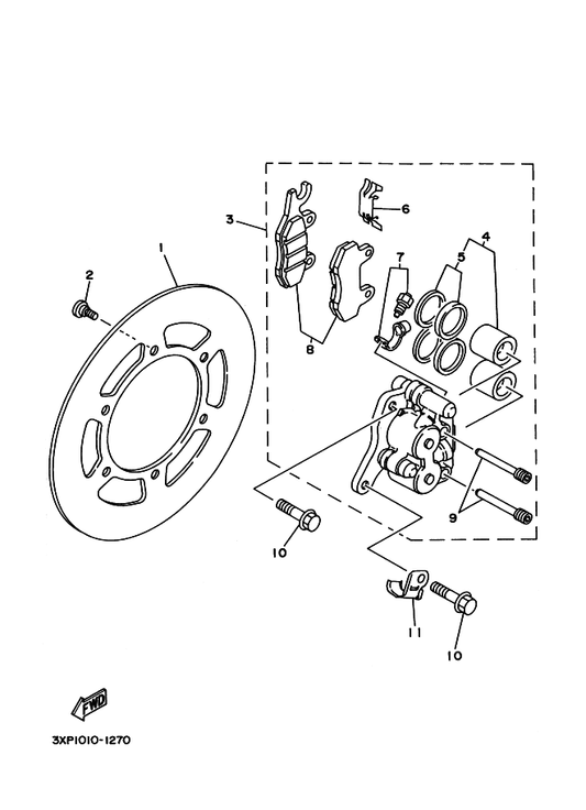 Yamaha 3XP-25875-00 ホルダ,ブレーキホース 1 — shown on the フロントブレーキキヤリパ parts diagram