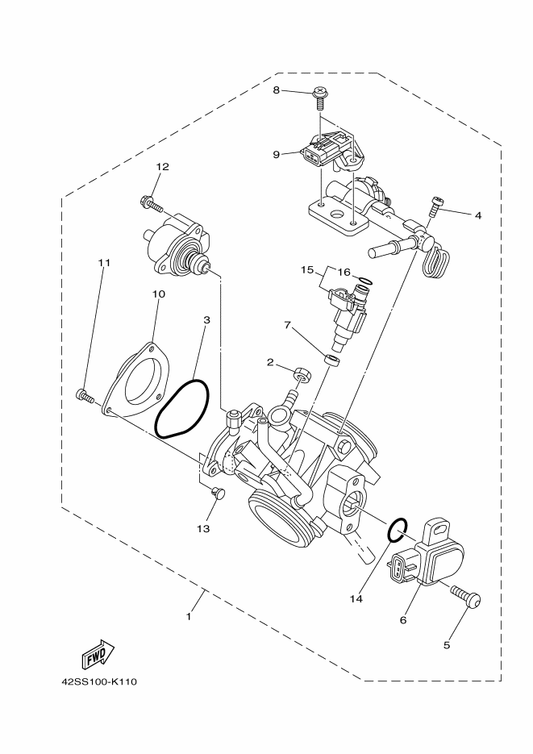 Yamaha 5B4-13761-00 . Injector — shown on the Throttle Body Assy 1 parts diagram