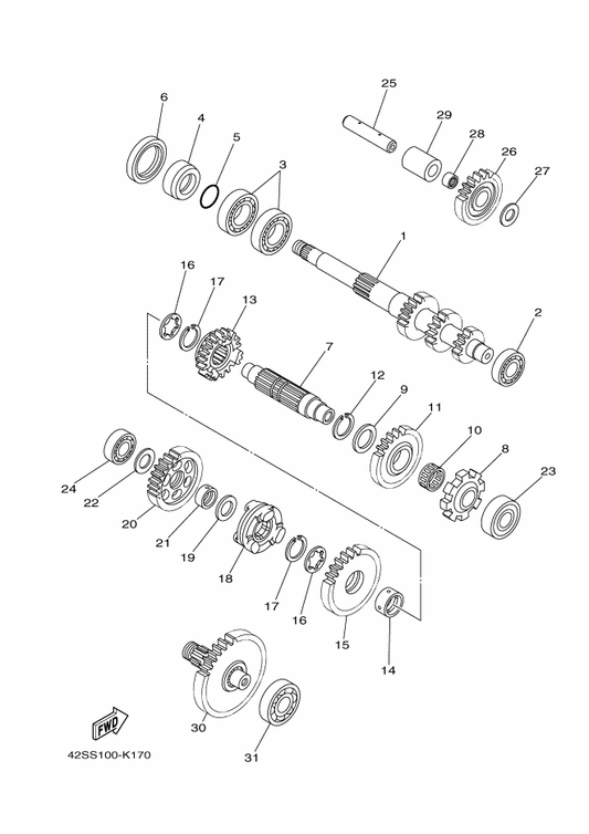 Yamaha 5B4-17681-00 Shaft, Secondary — shown on the Transmission parts diagram