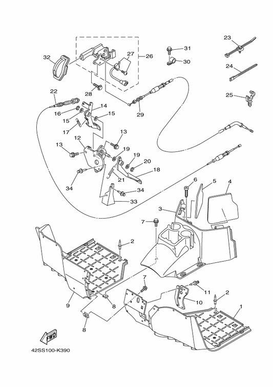 Yamaha 5B4-26311-00 Cable, Throttle 1 — shown on the Stand & Footrest parts diagram