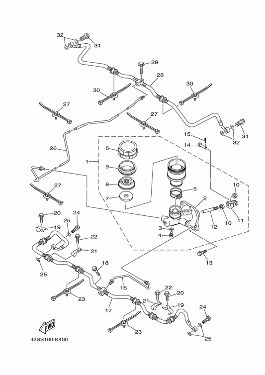 Yamaha 5B4-F5882-01 Pipe, Brake 2 — shown on the Rear Master Cylinder parts diagram