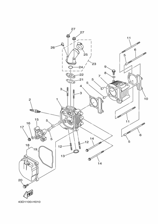 Yamaha 43D-E4439-00 Nut — shown on the Cylinder parts diagram