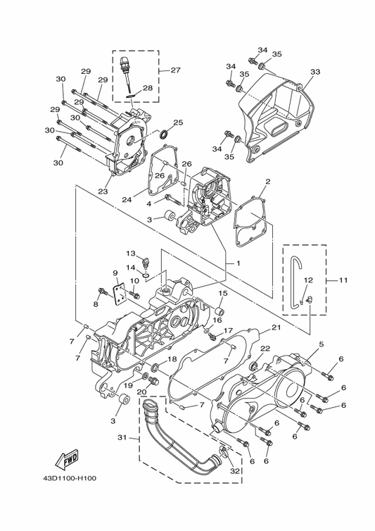Yamaha 43D-E511A-00 Oil Seal — shown on the Crankcase parts diagram