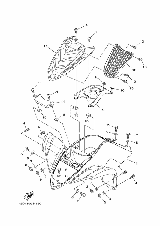 Yamaha 43D-F1556-10 Fender, Front 2 — shown on the Front Fender parts diagram