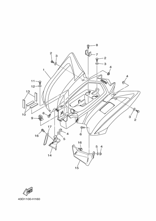 Yamaha 43D-F164F-00 Stay 1 — shown on the Rear Fender parts diagram