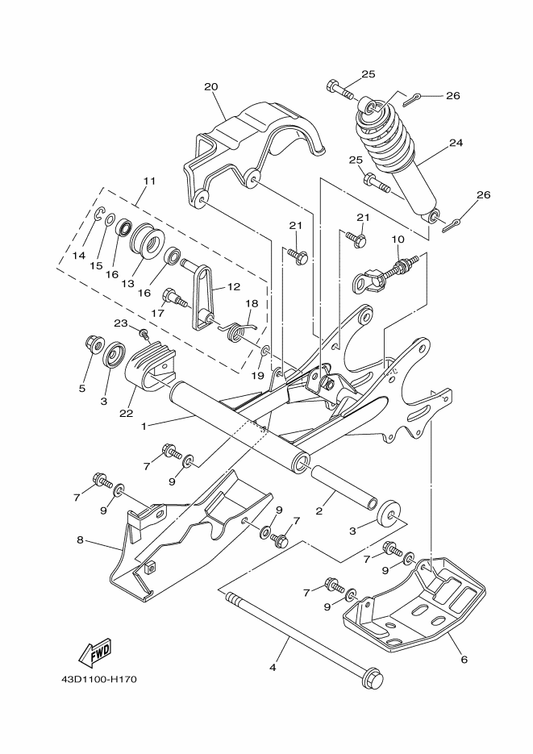 Yamaha 43D-F2183-00 . Bracket, Tensioner — shown on the Rear Arm parts diagram